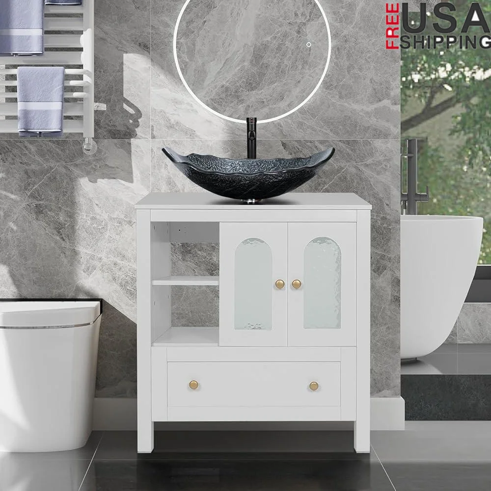 Vaidade de banheiro moderna de 30 polegadas com design de ondulação de água Armário resistente com tampo de pia de vidro de folha prateada