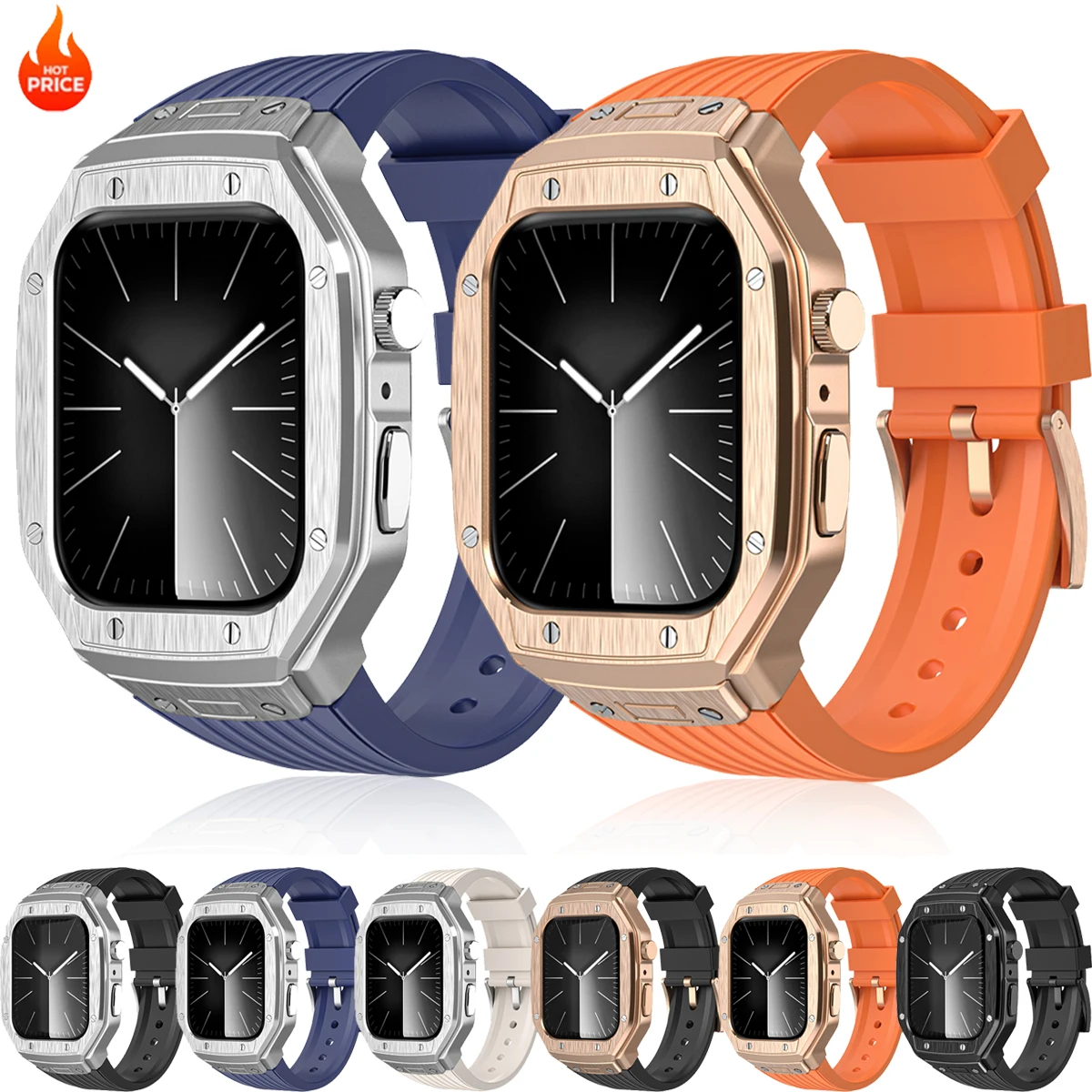 Luxus-Modifikationskit für Apple Watch Series 9 8 7 45MM, Metallgehäuse aus Legierung + TPU-Armband für iWatch 6 5 4 SE 44mm, Ersatz-Zubehör