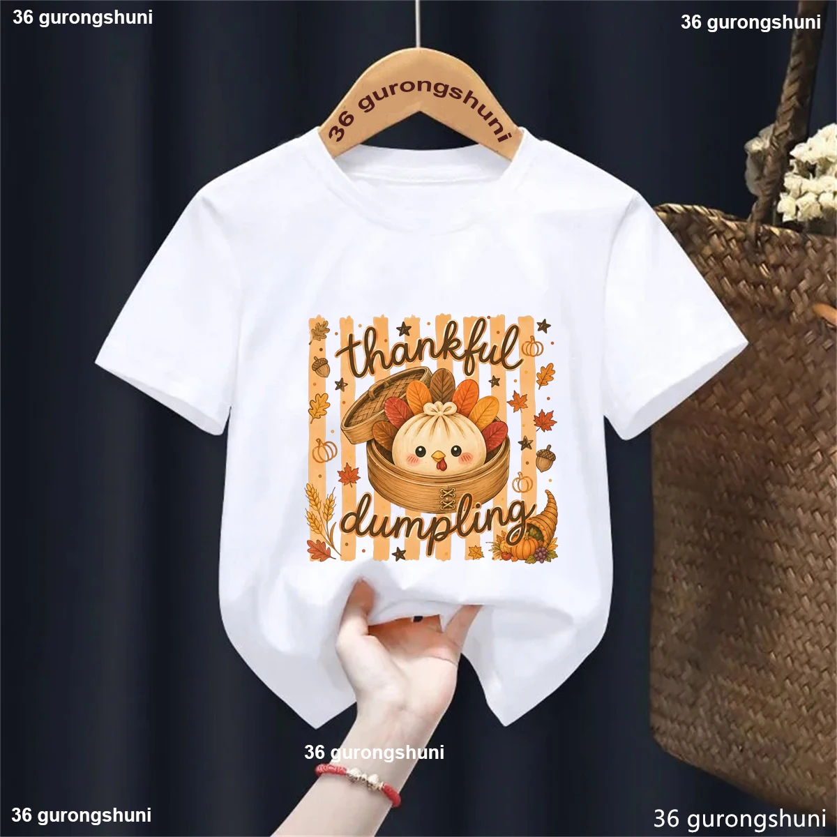 Kawaii Thankful Dumpling Turkey Bun Graphic Tee, Boys Girls Fall Autumn Holiday Short Sleeve Tops, Kids Thanksgiving T‑Shirt