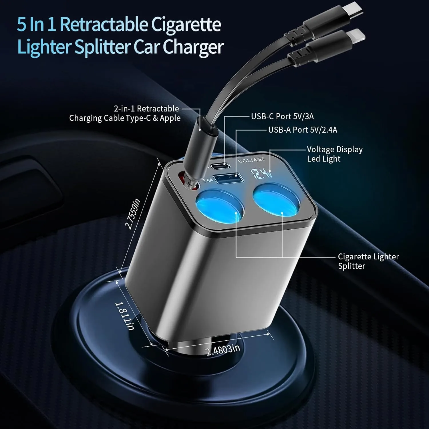 5 in 1 Retractable Car Charger Cigarette Lighter Splitter,159W Fast Car Charger with 2 in 1 Retractable Cable