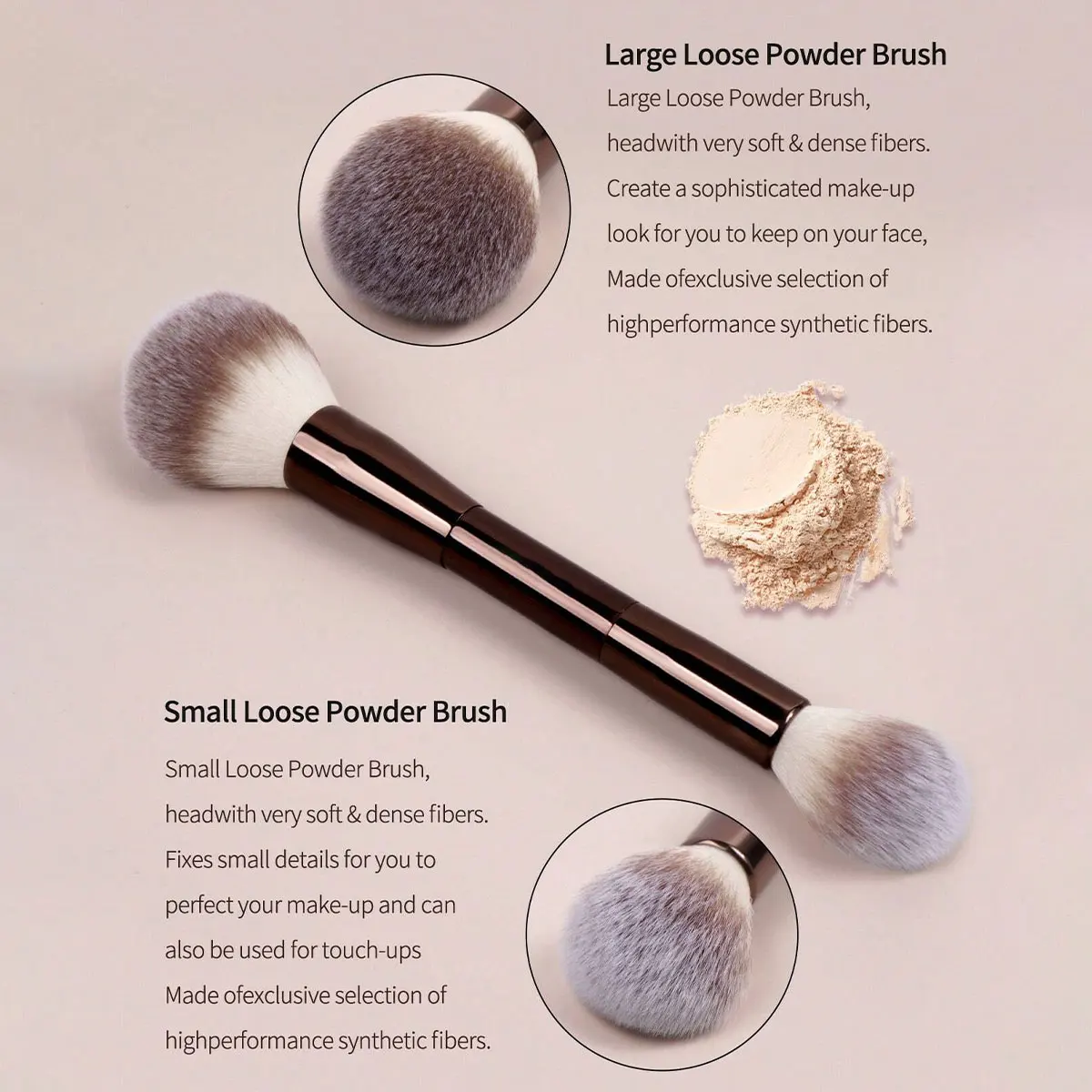 Set professionale di pennelli per trucco viso a doppia testa, pennello per cipria, pennello per fard, strumenti per trucco con fibra morbida per un facile trasporto, pennello