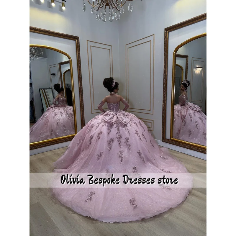 Vestido De quinceañera delicado para niñas, apliques De lentejuelas, sin mangas, con lazo, Vestidos De ceremonia De 15 años personalizados