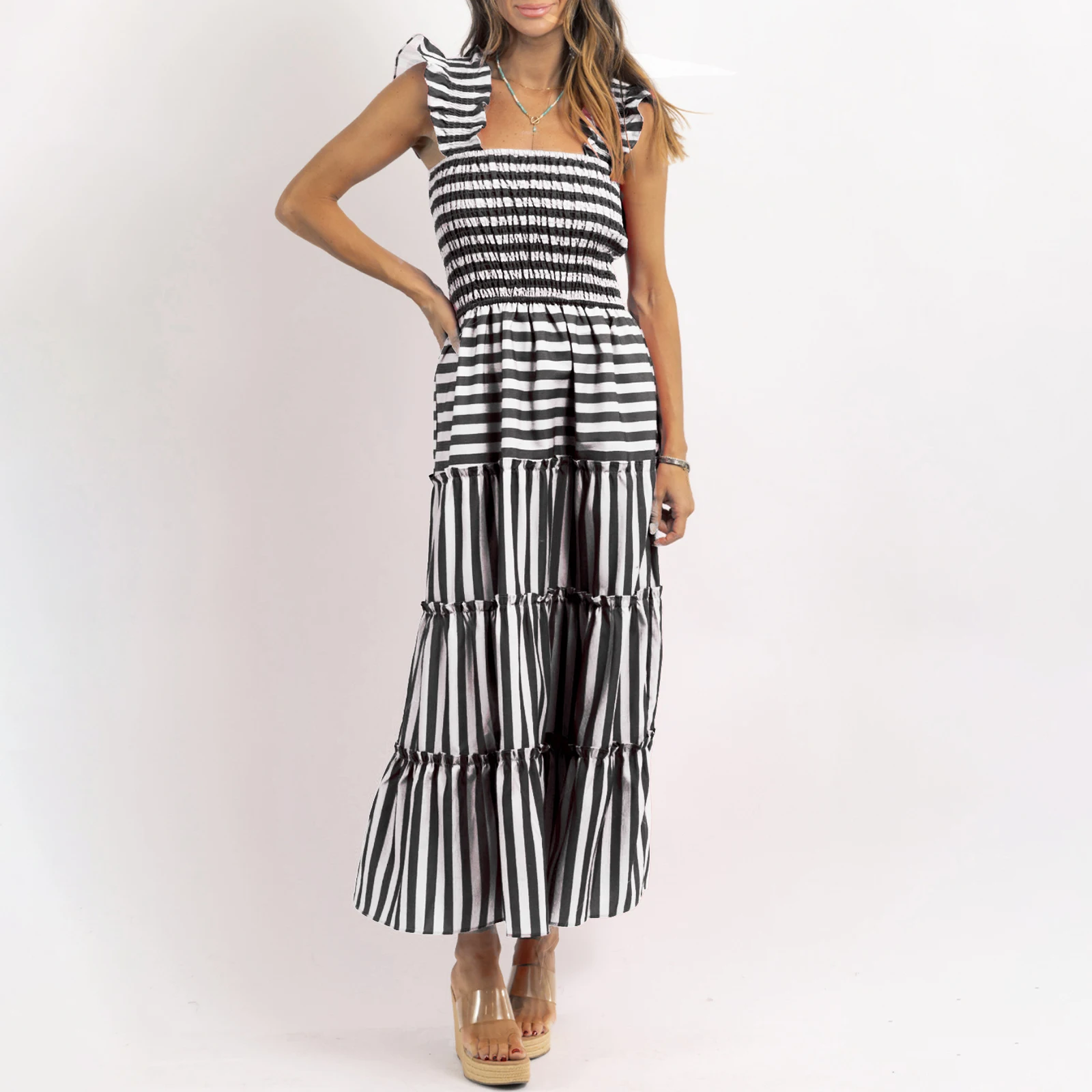 

Thorn Tree Women Ruffles Strap Striped Gingham Ruched Maxi Dress Kawaii Summer A Line Long Cami Casual Boho Vacation Sundress