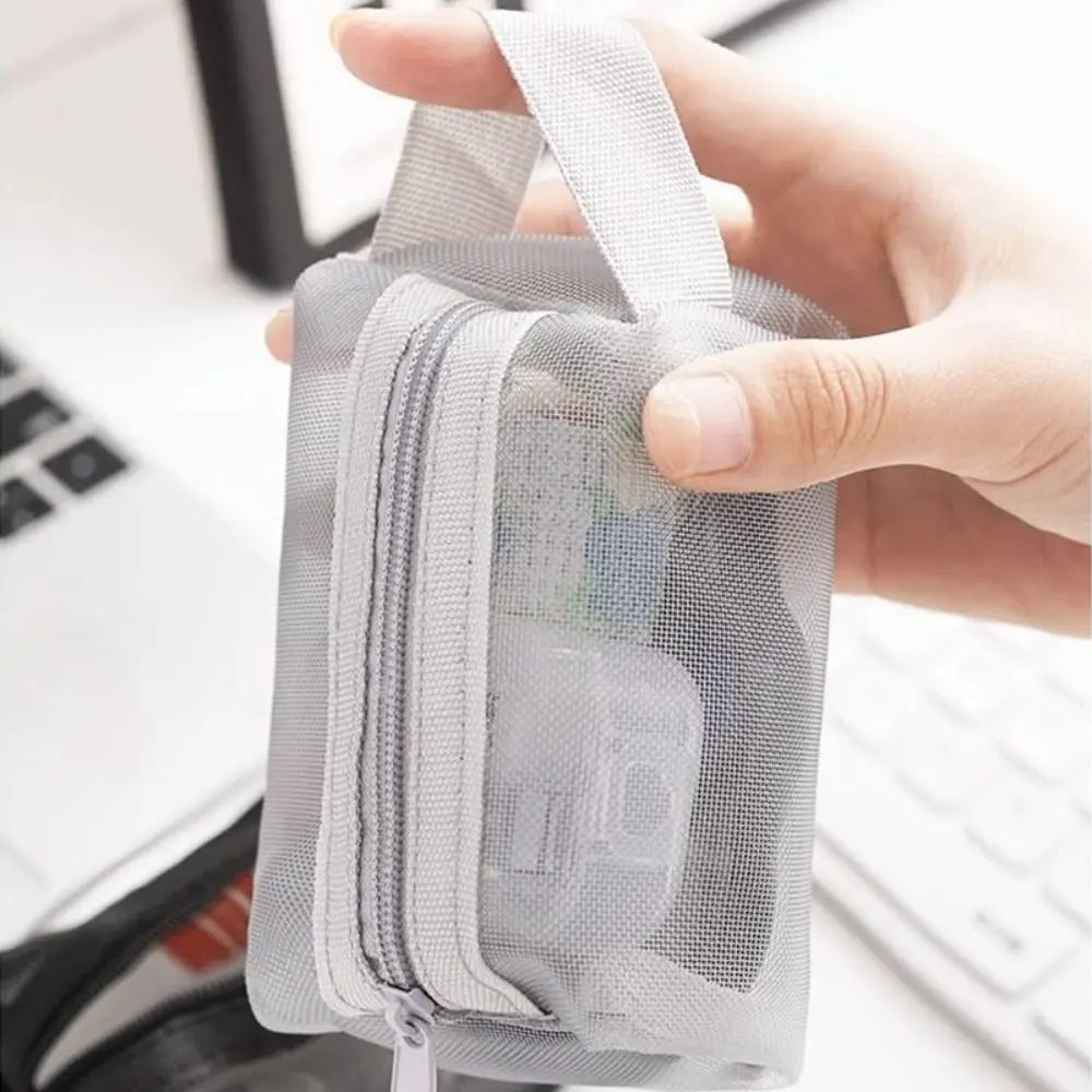 Portable Breathable Square Mesh Storage Pouch Lightweight Large Capacity Mini Zipper Coin Purse Mini Wash Bag Stationery Case