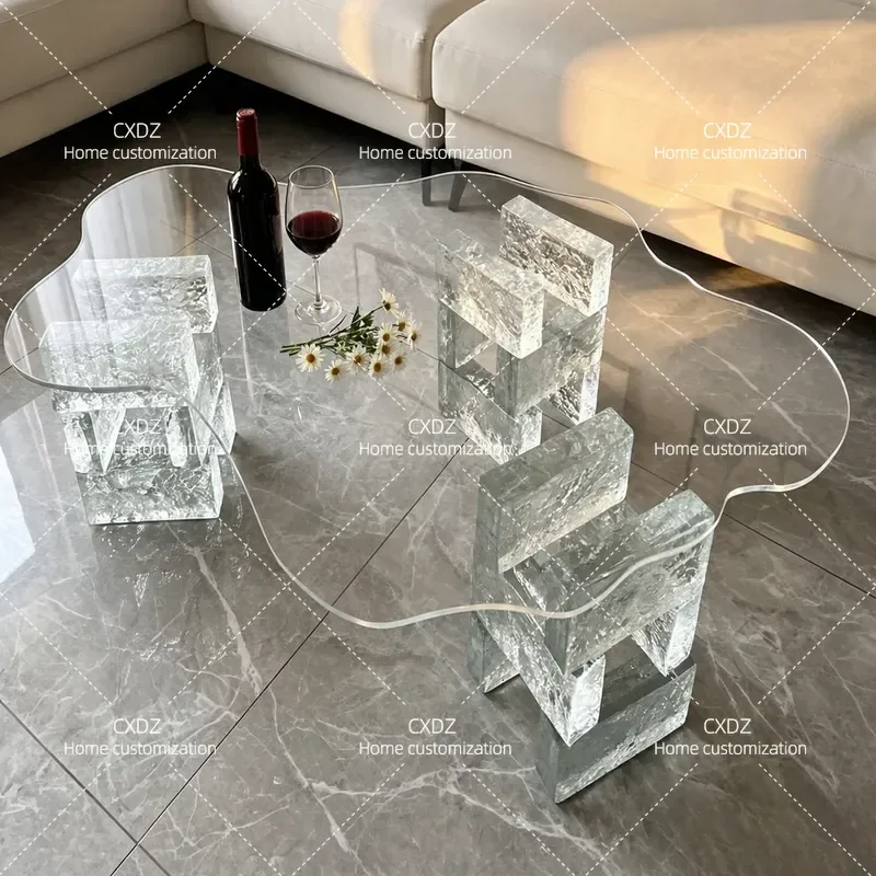 Modern Simple Acrylic Cloud Coffee Table Transparent Crystal Glass Brick Desktop Side Table for Living Room Photo Props