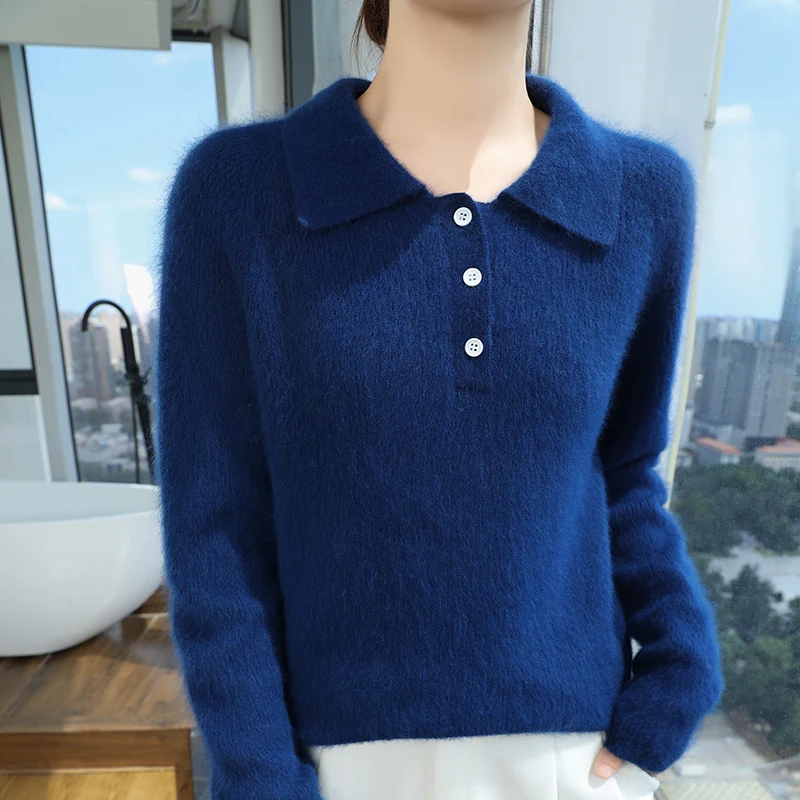 Autumn Winter New 100% Mink Cashmere Sweater Women's POLO Collar Knitted Pullover Casual Loose Thick Tops Fashion Korean Shirt