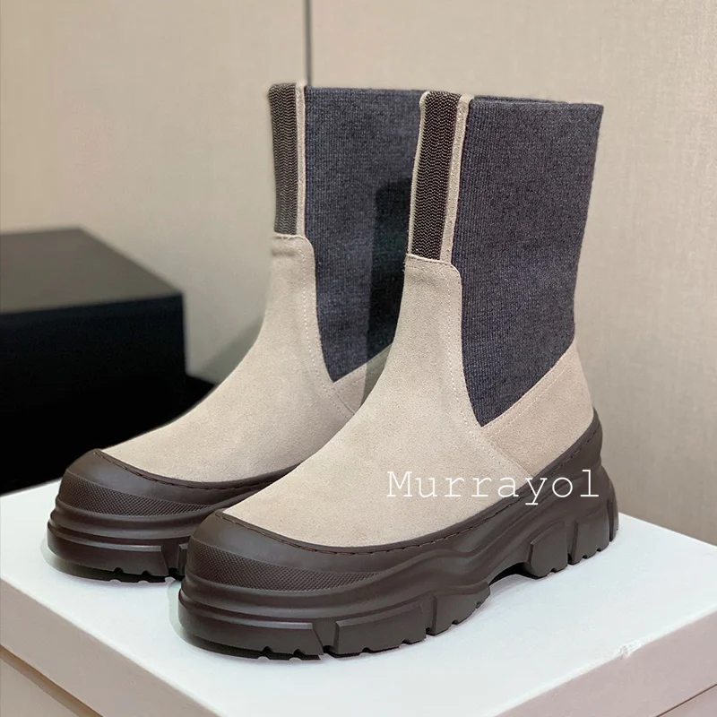 Cow Suede Elastic Band Splicing Ankle Botas Women Round Toe Lacer-up Thick Bottom Short Boots Autumn Winter Chelsea Boots