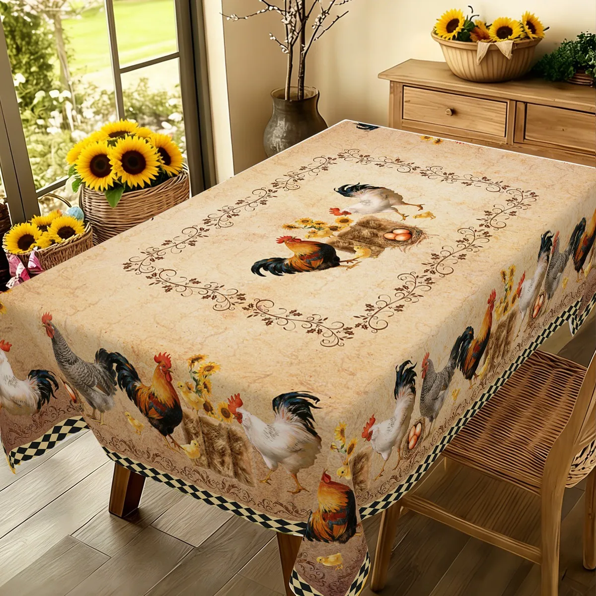 140x180cm Polyester Farmhouse Rooster Tablecloth Vintage Rectangle Chicken Print Table Cover for Kitchen Dinning Table Decor