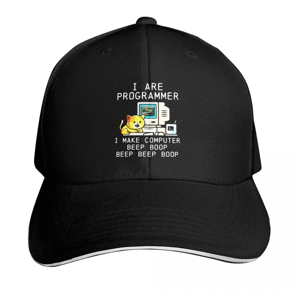 Programmer Cat Beep Boop Coding Baseball Cap Cotton Twill Breathable Contrast Two Tone Brim Snapback Flat Bill