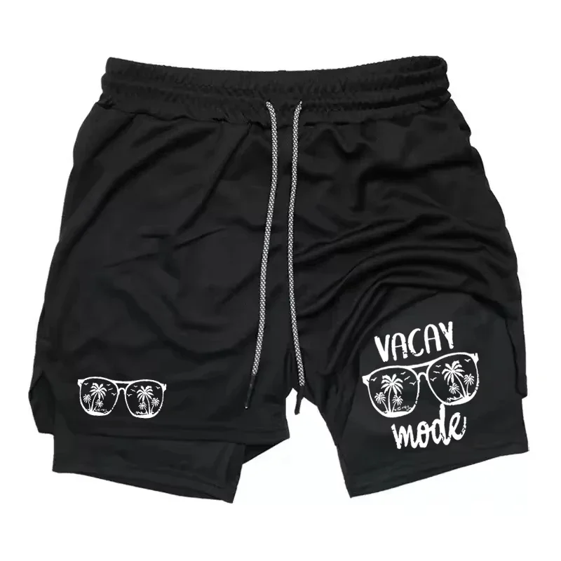 

Summer double-layer 2-in-1 men's shorts with pocket glasses printed for comfort, quick drying, jogging and sports shorts