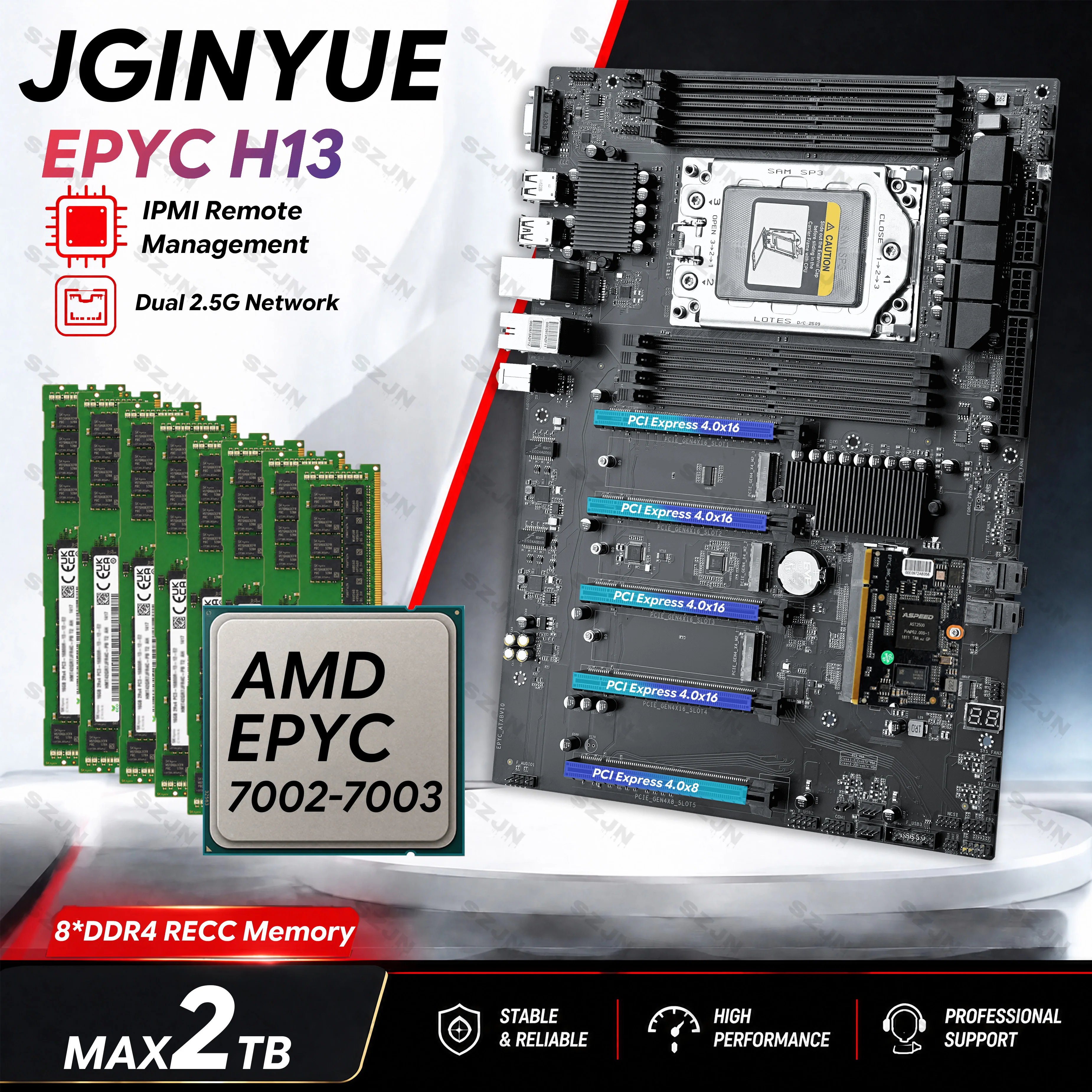 JGINYUE EPYC-H13 With BMC Server Motherboard AMD EPYC 7002 7003 8x DDR4 2TB 4x PCIe 4.0 x16 3x M.2 NVMe IPMI Dual 2.5G LAN