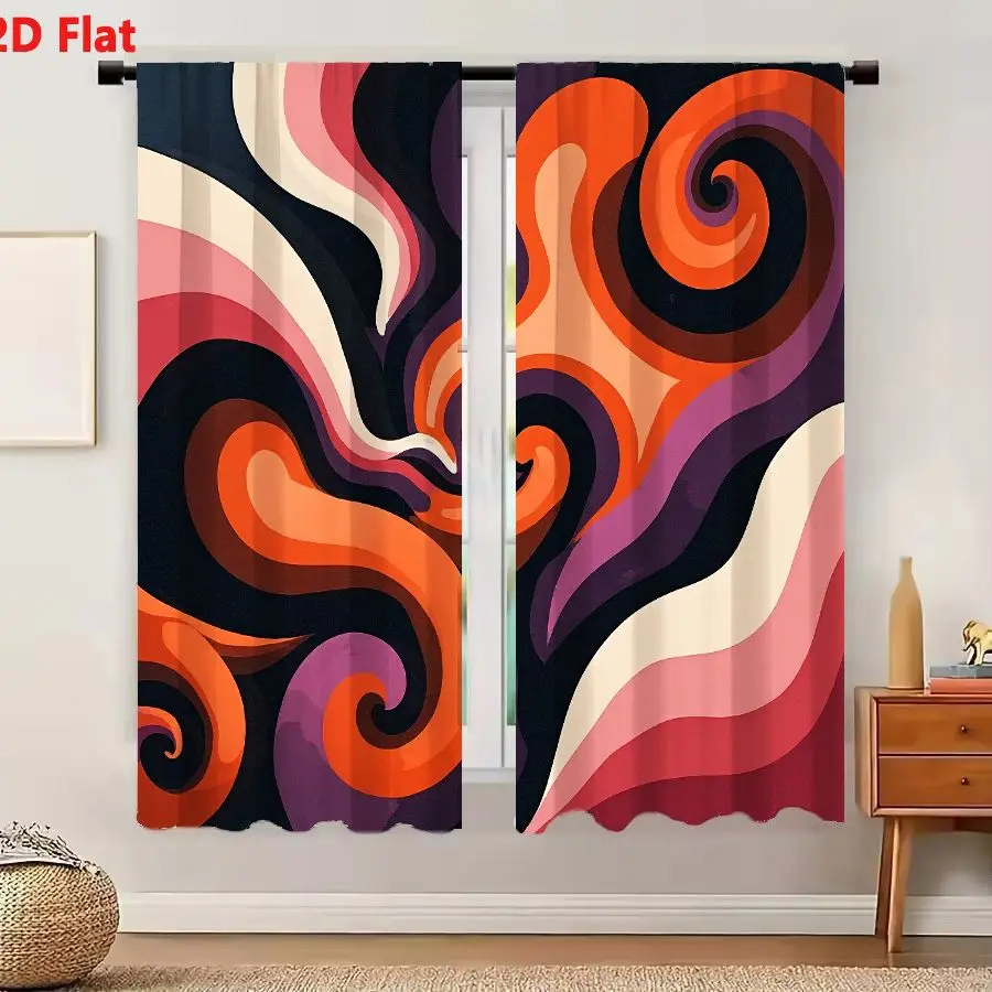 2Pcs Curtains 2D Flat Abstract Psychedelic Swirling Shapes Artwork Vibrant Orange Pink Purple White On Dark Background Window Dr