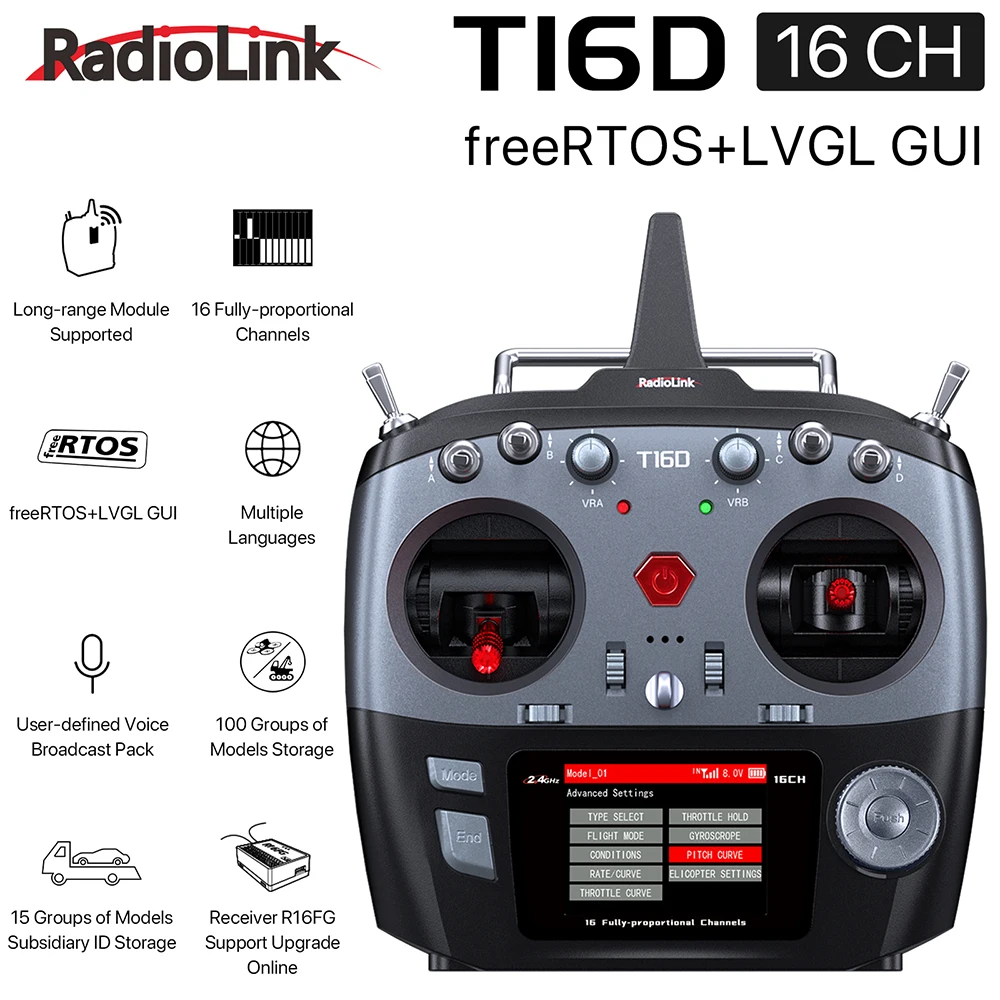 RadioLink T16D 16 Channels RC Transmitter 2.4GHz with R16F Receiver for RC Car Boat Drone