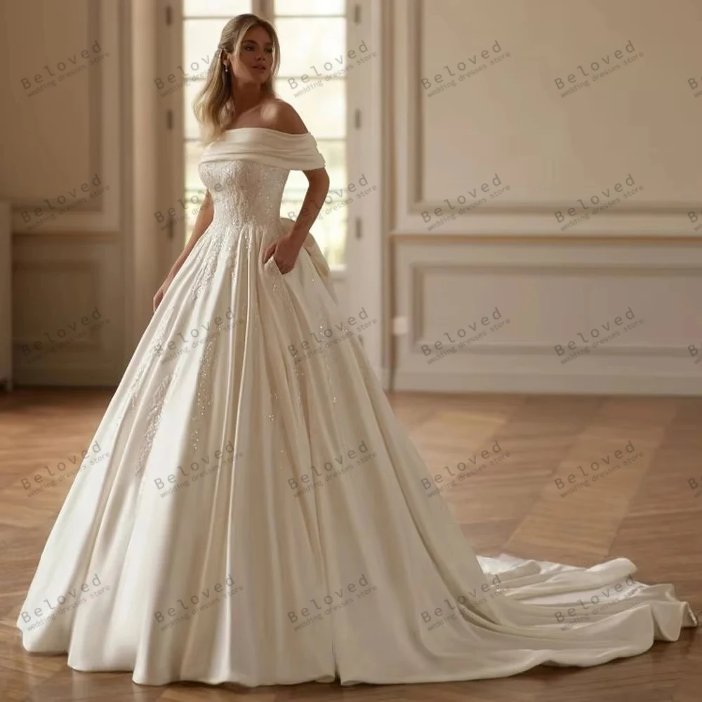 

Классические свадебные платья A Line Изящные свадебные платья с открытыми плечами Халаты с аппликациями из бисера Vestidos De Novia по индивидуальному заказу 2026