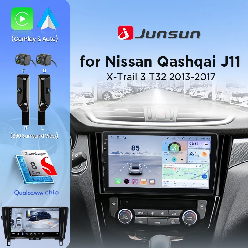 Radio samochodowe Junsun do Nissan Qashqai 2 J11 X-Trail Xtrail 3 T32 2013-2017, bezprzewodowy CarPlay, Android Auto, stereo 8-rdzeniowe, Plug&Play, jednostka główna 360 ° Kamera panoramiczna GPS