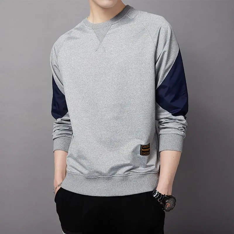 Casual Spliced Basic Hoodies Spring Autumn Stylish Patch Designs Men's Clothing Round Neck Korean Contrasting Colors Sweatshirts