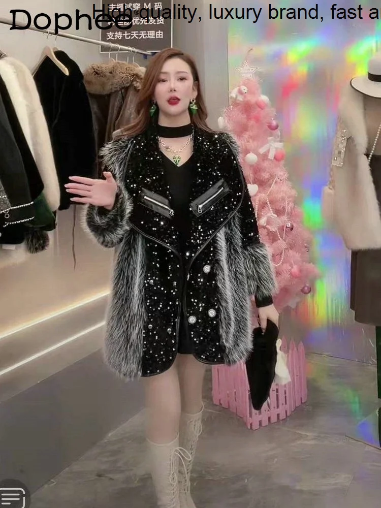 

Winter New 2023 Stitching Woolen Coat for Women Heavy Embroidery Sequins Lapel Long Sleeve Mid-Length Fur Jacket Overcoat