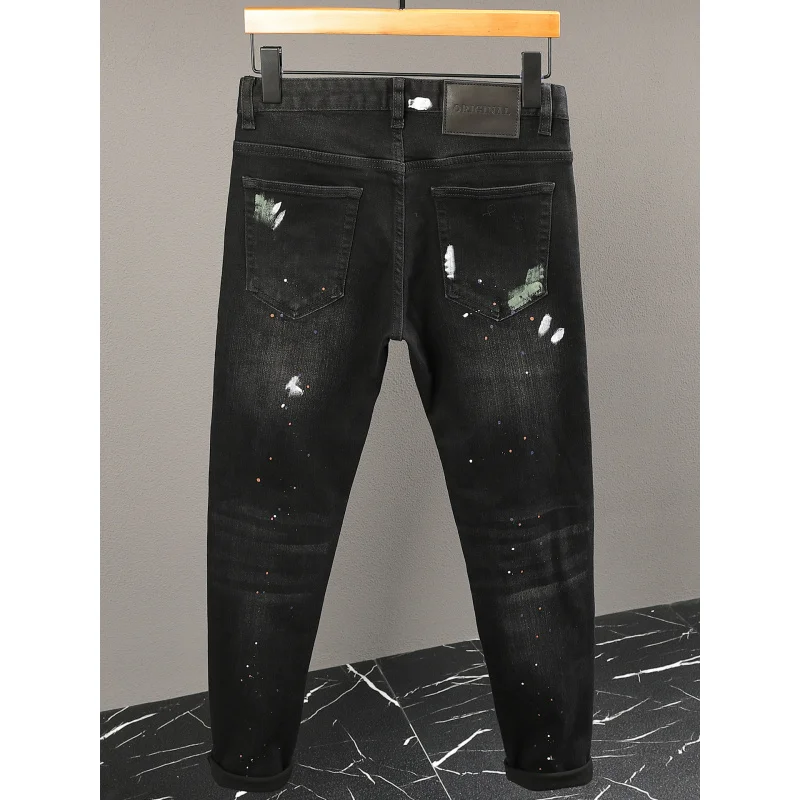 

Black paint graffiti printed jeans men's street fashion trend personality retro distressed patch small leg pants