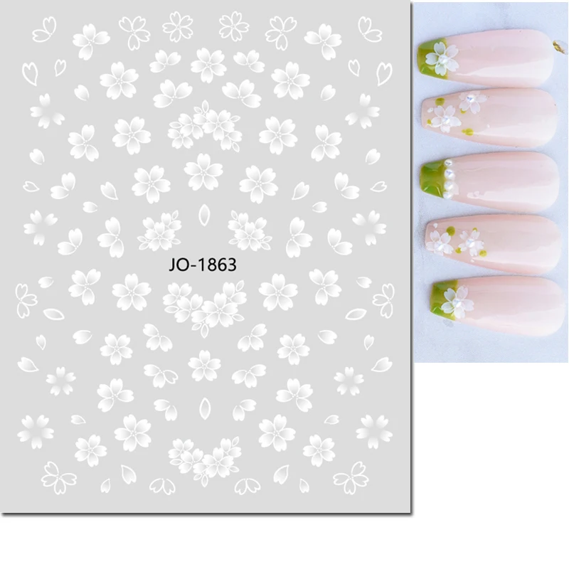 3d Nail Art Decals Elegant White Lotus Flowers Leaves Adhesive Sliders Nail Stickers Decoration For Nail Tips Manicure