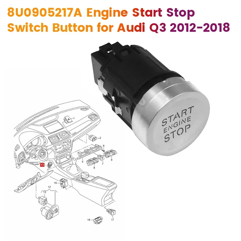 Botão do interruptor da parada do começo do motor, 8U0905217A para Q3 2012-2018, chave do One-Touch do impulso do carro