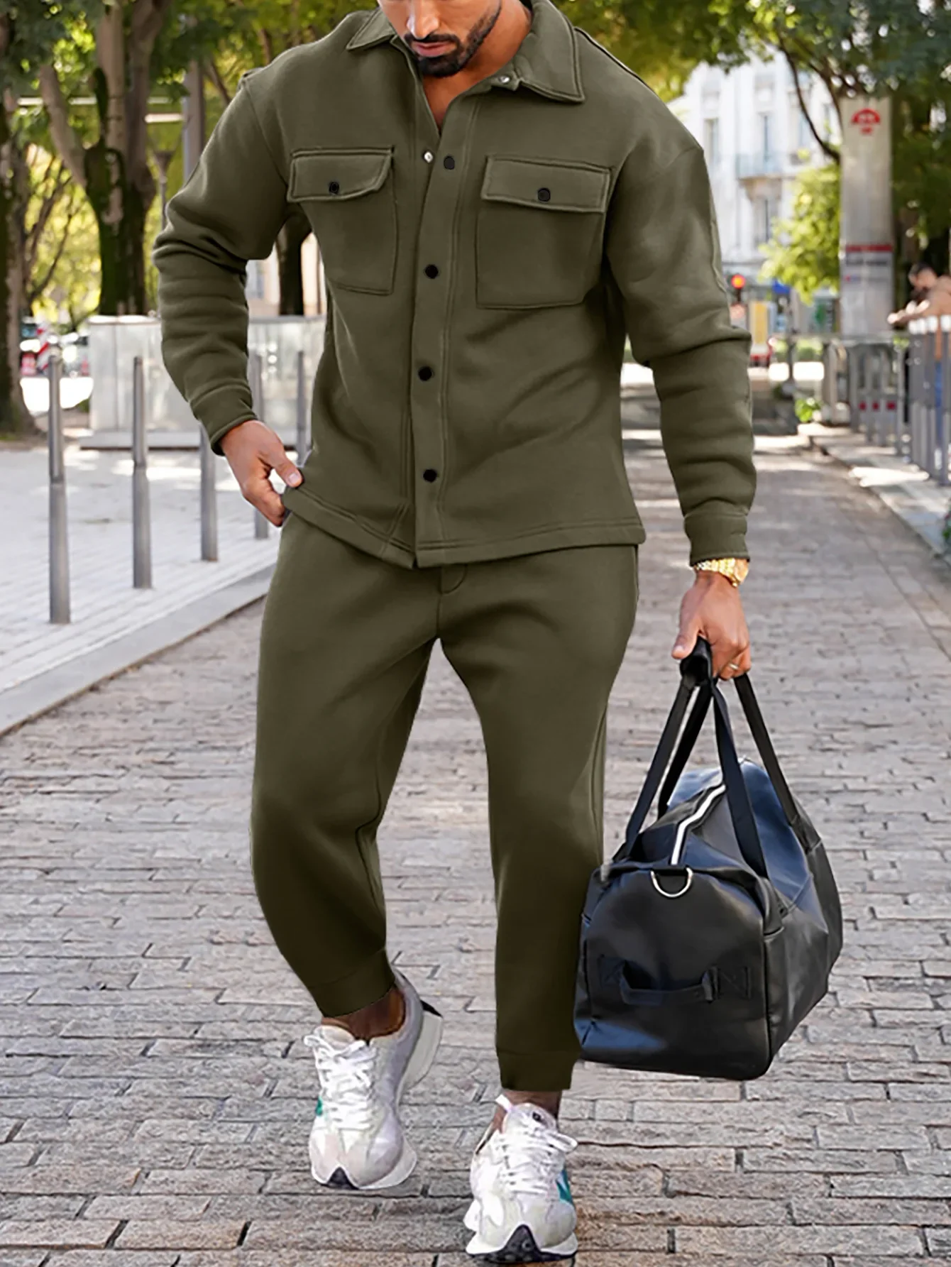 

Men's suede leather solid-color casual tactical hunting jacket set of two pieces - winter and autumn men's sporty fashion suit