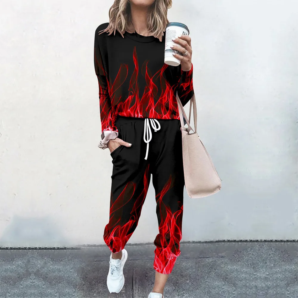 Spring Autumn Long Sleeve Green Fire Print Pullover and Pant Women Casual Sweatshirt 2-piece Set Jogger Sports Suit