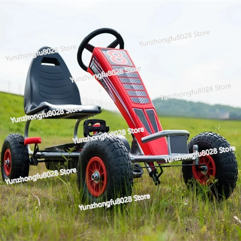 4 Wheel Kids Go Kart, Pedal-powered Go Kart with Rubber Wheel, 10inch Inflatable Wheel Go Kart with Steel Frame and Hand Brake