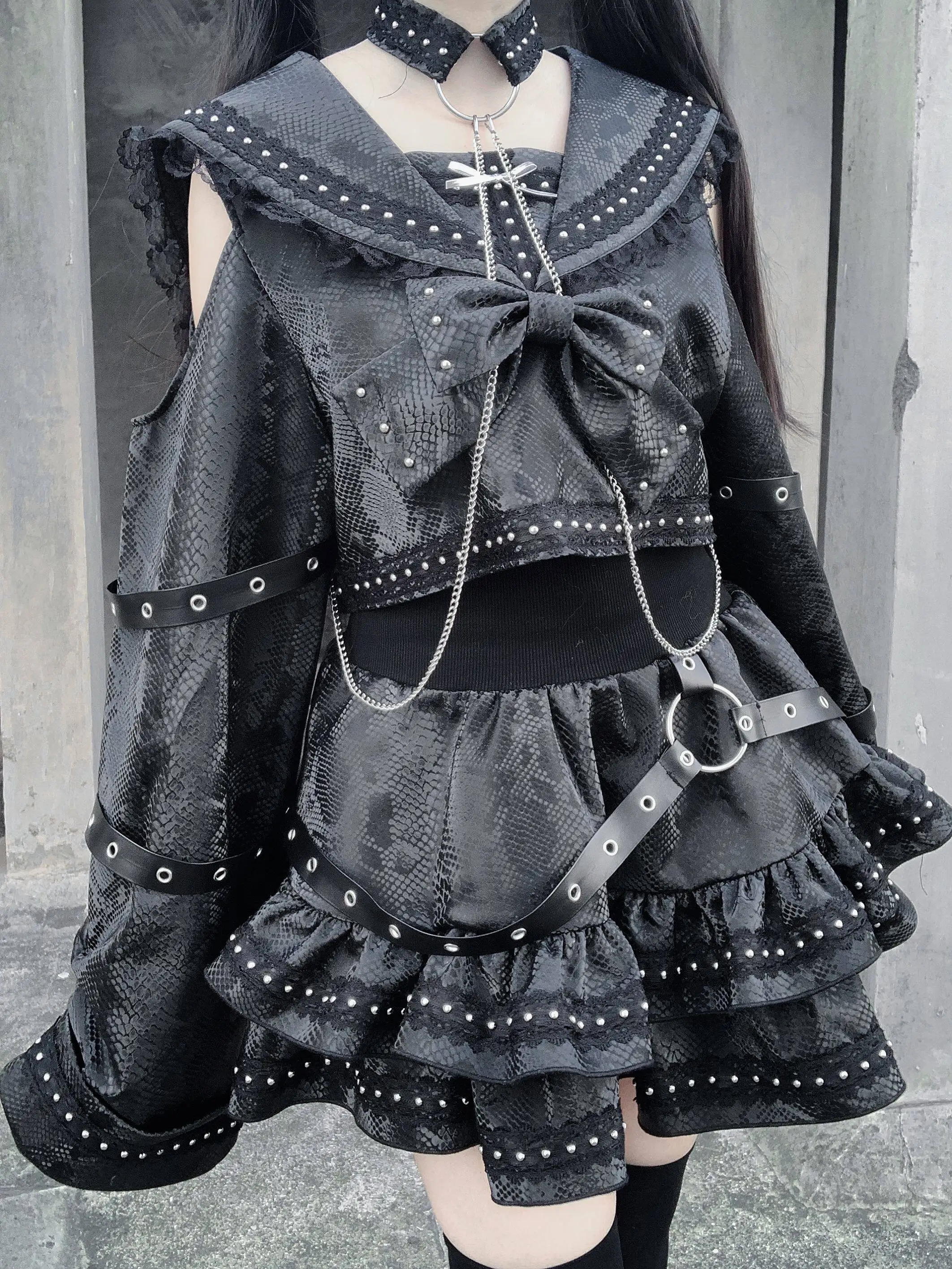Japanese New Punk Snake Print PU Leather Navy Collar Top Skirt Two-piece Set Women 2026 Original Design Subculture Gothic Outfit