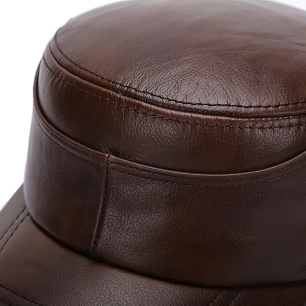 New Real Cow Leather Flat Cap Earflap Cap Men Real Leather Hats Fall Winter male 100% Genuine Real Cowhide Leather Military Caps