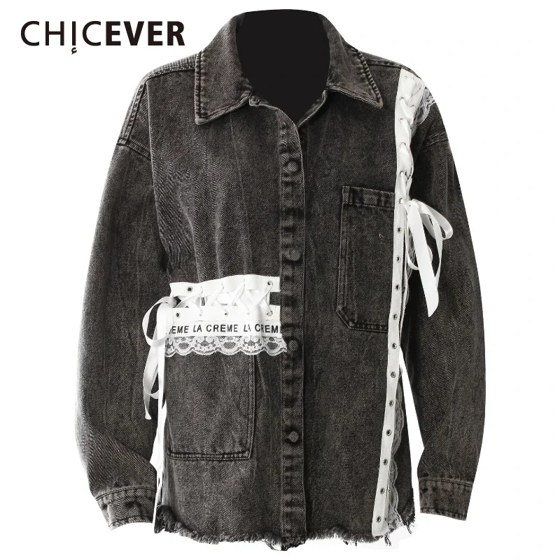 

CHICEVER весеннее лоскутное пальто на шнуровке для женщин с лацканами и длинными рукавами, винтажные уличные куртки, женская мода