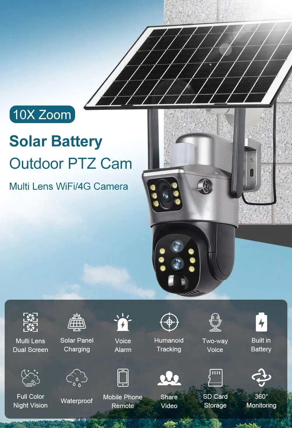 Tahlitech Double Screen Solar Camera 10X Zoom 4G SIM Security Outdoor Camera Humanoid Tracking Color Night Vision Cam PTZ IP66