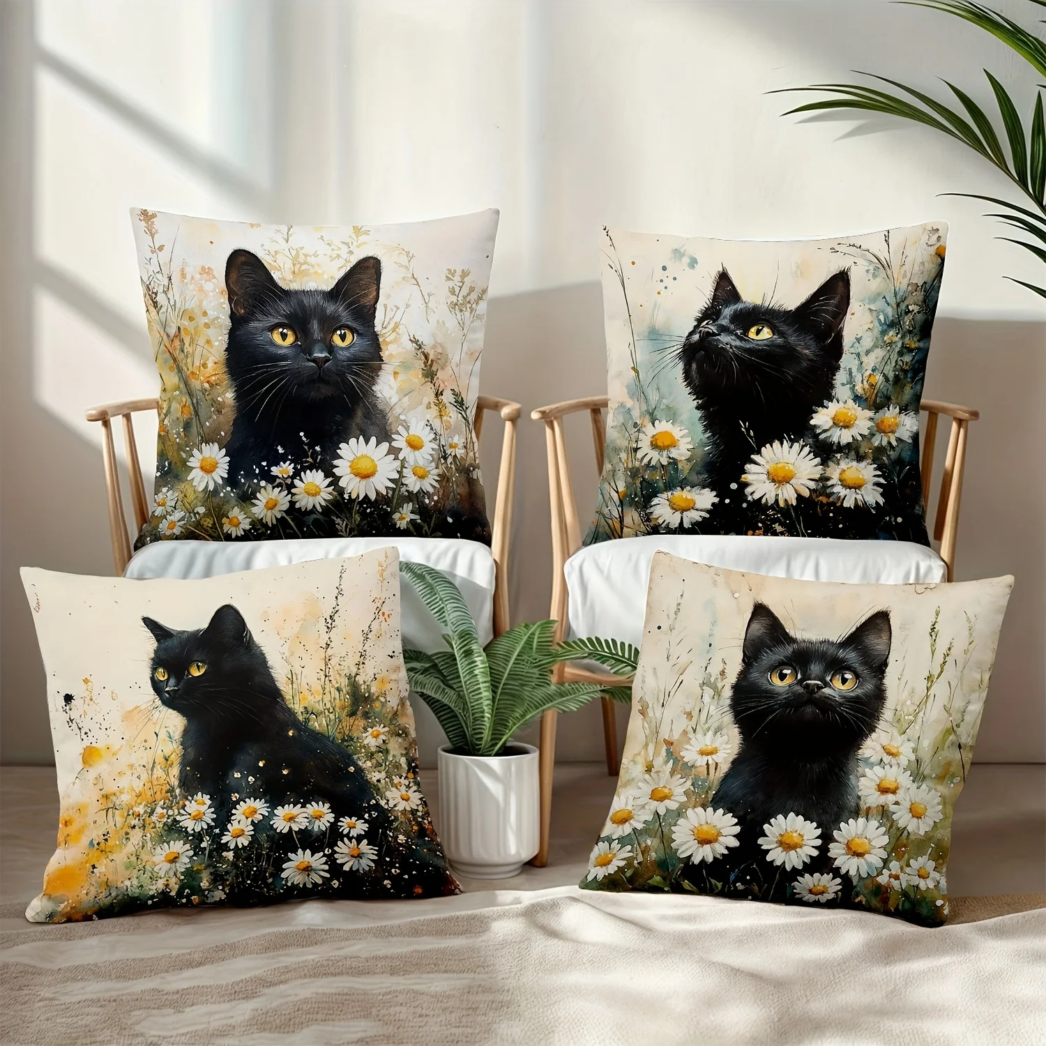 

Contemporary Style Throw Pillow Covers Black Cat & Daisy Floral Design Sofa Bed Living Room Office Decor Beach Theme Decor