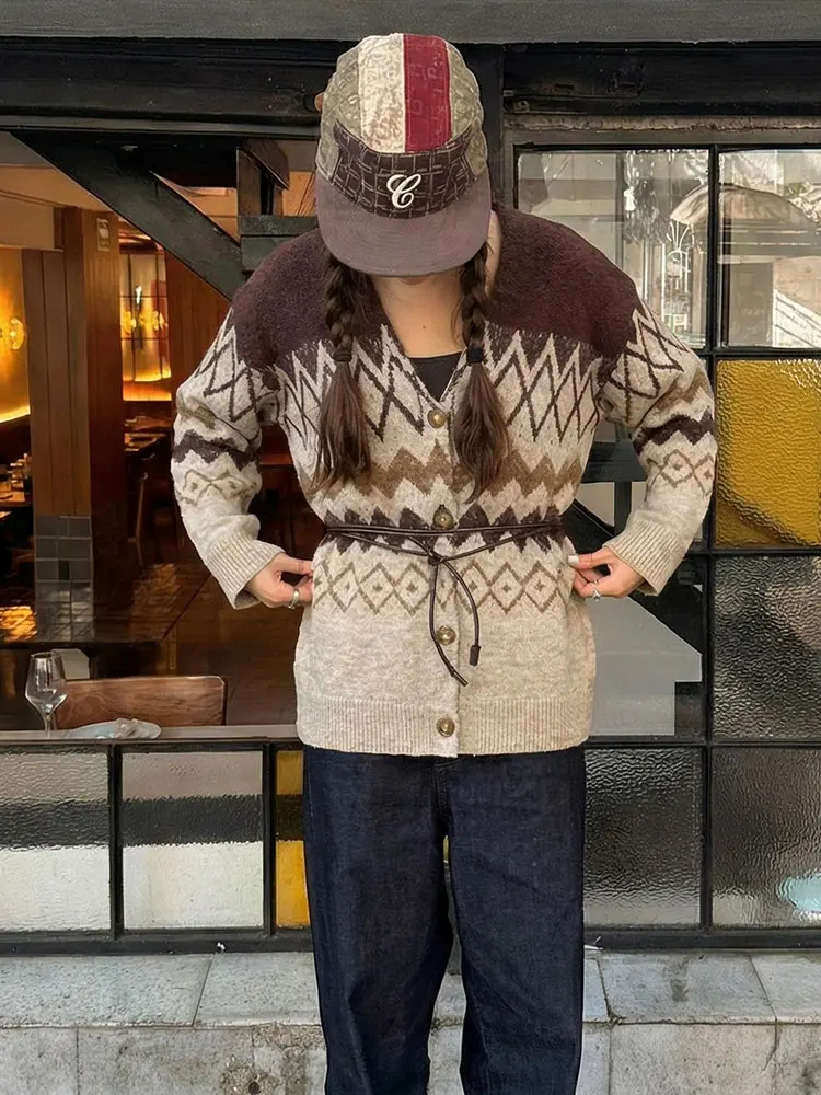 

HH 2026 Spring Belt Sweater For Women Vintage Knitted Cardigan Coat V Neck Casual Loose Oversized Jackets Office Lady Clothing