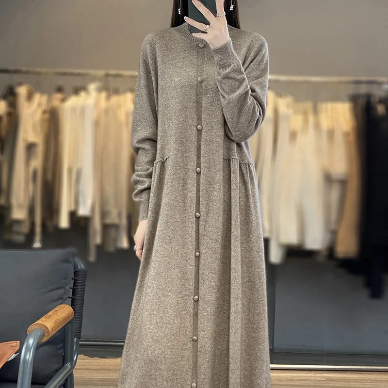 Women Dresses 100% Cashmere and Wool Knitted Jumpers Long Oneck 2023 Winter/ Autumn Female Dress Woolen Knitting Clothes NJ01