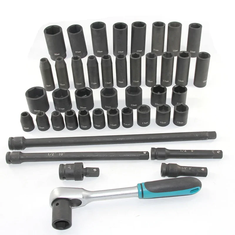 43PCS Impact Socket Set 1/2 Inch ASE Standard 19PCS Deep 6-Point Extension Bar With Carrying Case for Remove Wheel Lug Nut
