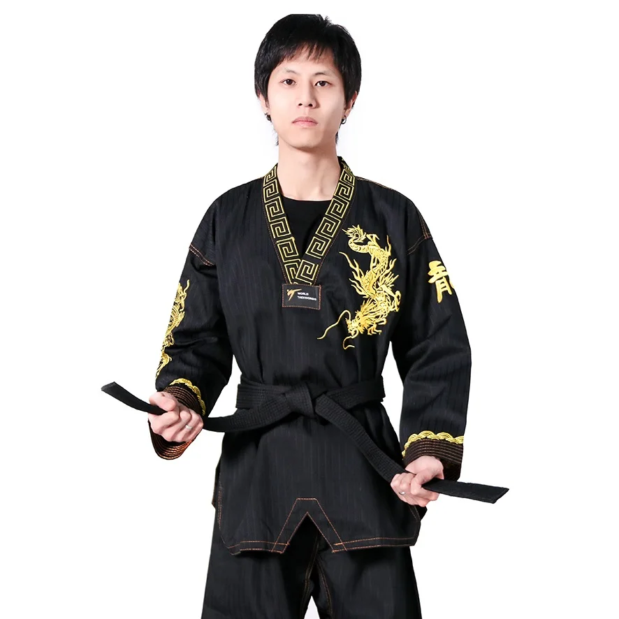 Regular Black Taekwondo Gi Uniform Set 8oz Ultra Light TKD Suit With Belt For Kids Adults Unisex Dragon Pattern Embroidery