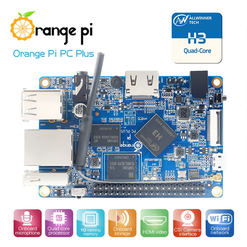 

Orange Pi PC Plus RAM 1G with 8GB Emmc Flash ,Mini Open-Source Single Board,Support 100M Ethernet Port/Wifi/Camera/Hdmi/IR/MIC