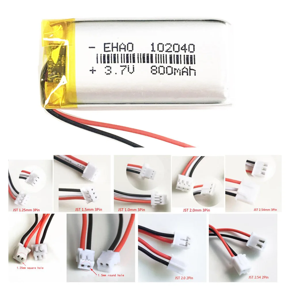 3.7V 800mAh Lithium Polymer LiPo Rechargeable Battery 102040 + JST Plug For Mp3 E-book Bluetooth Speaker LED Light Recorder