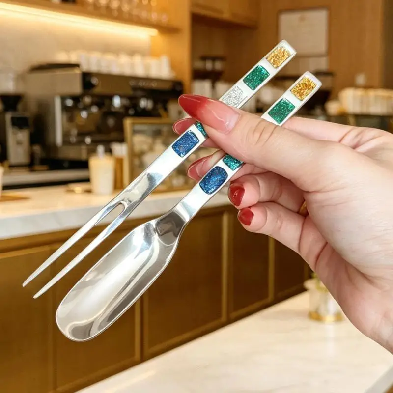Stainless Steel Dessert Spoon Fork Set Glitter Inlaid Ergonomic Handle Food Safe Tableware for Home Bistro Bakery Use