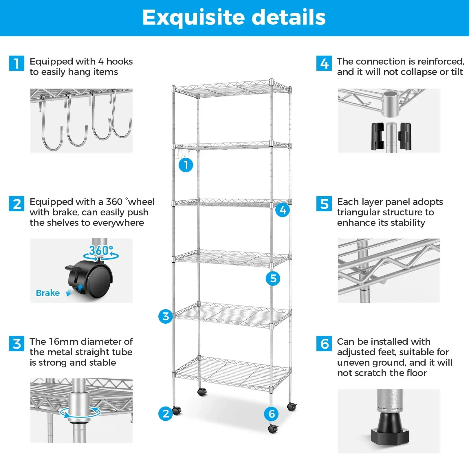6-Tier Shelf Rack Wire Shelving Unit Storage Height Adjsutable Metal Shelf with 4 Side Hooks