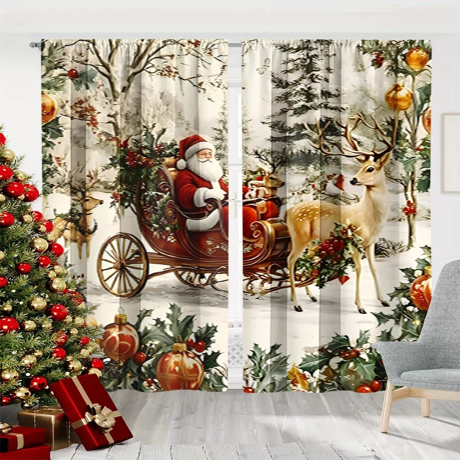 2PCS Digital Print Curtain, Santa Claus in Sleigh with Reindeer, Snowy Forest and Ornaments, Holly Berries, for Bedroom Decor