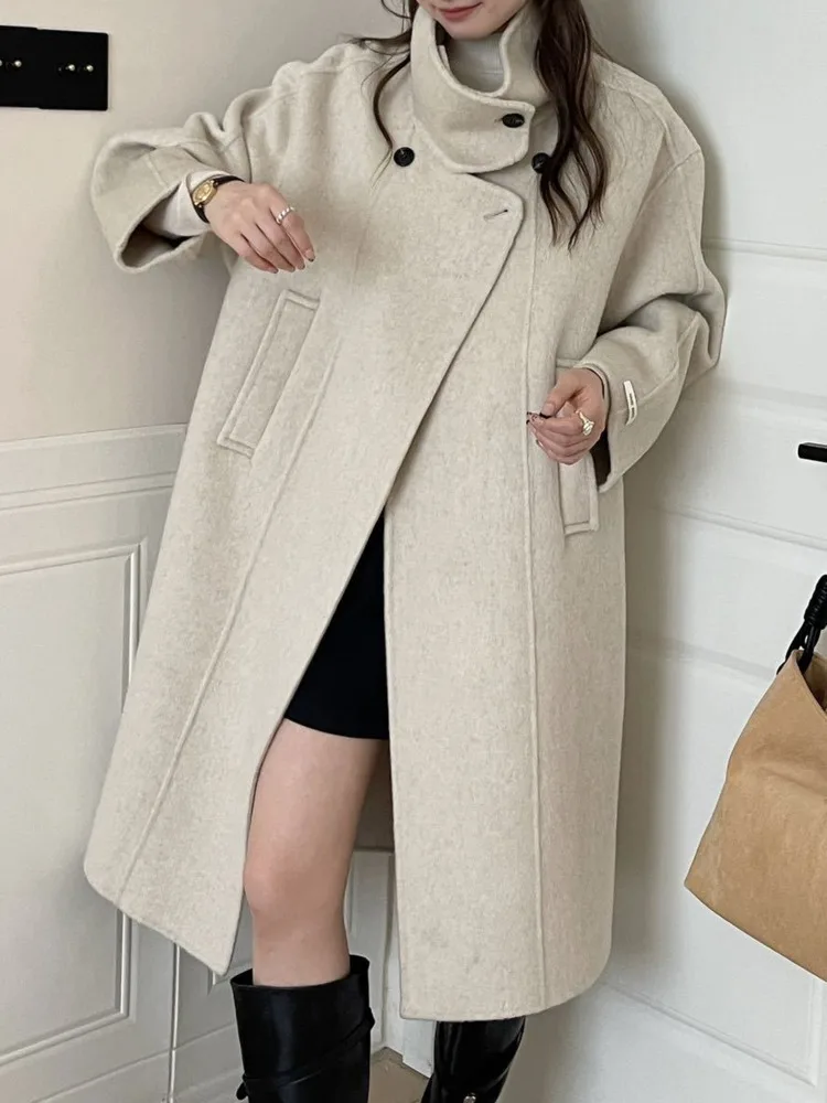 ZMEENNA Damen-Wintermantel, elegant, Wollmischung, schick, Stehkragen, übergroß, lange Jacke, warme Oberbekleidung, beige Strickjacke ZM3741