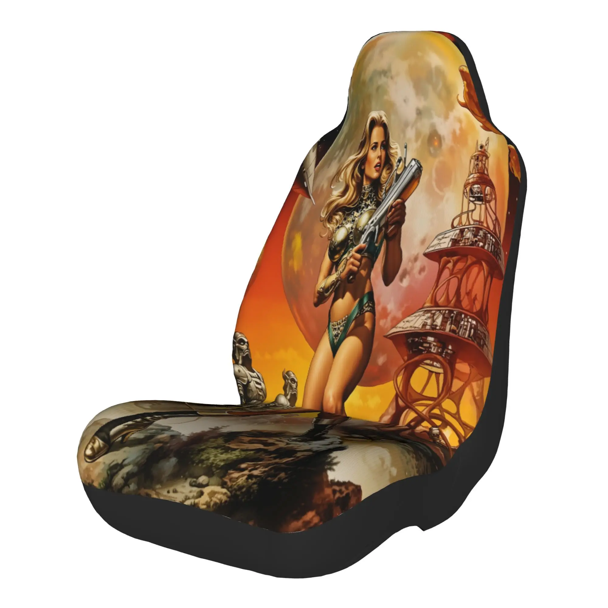 2pcs A Warrior Woman With A Ray Gun Stands On Alien Terrain Under A Blood Moon.Car Seat Covers, Suitable For All Vehicles, Chris