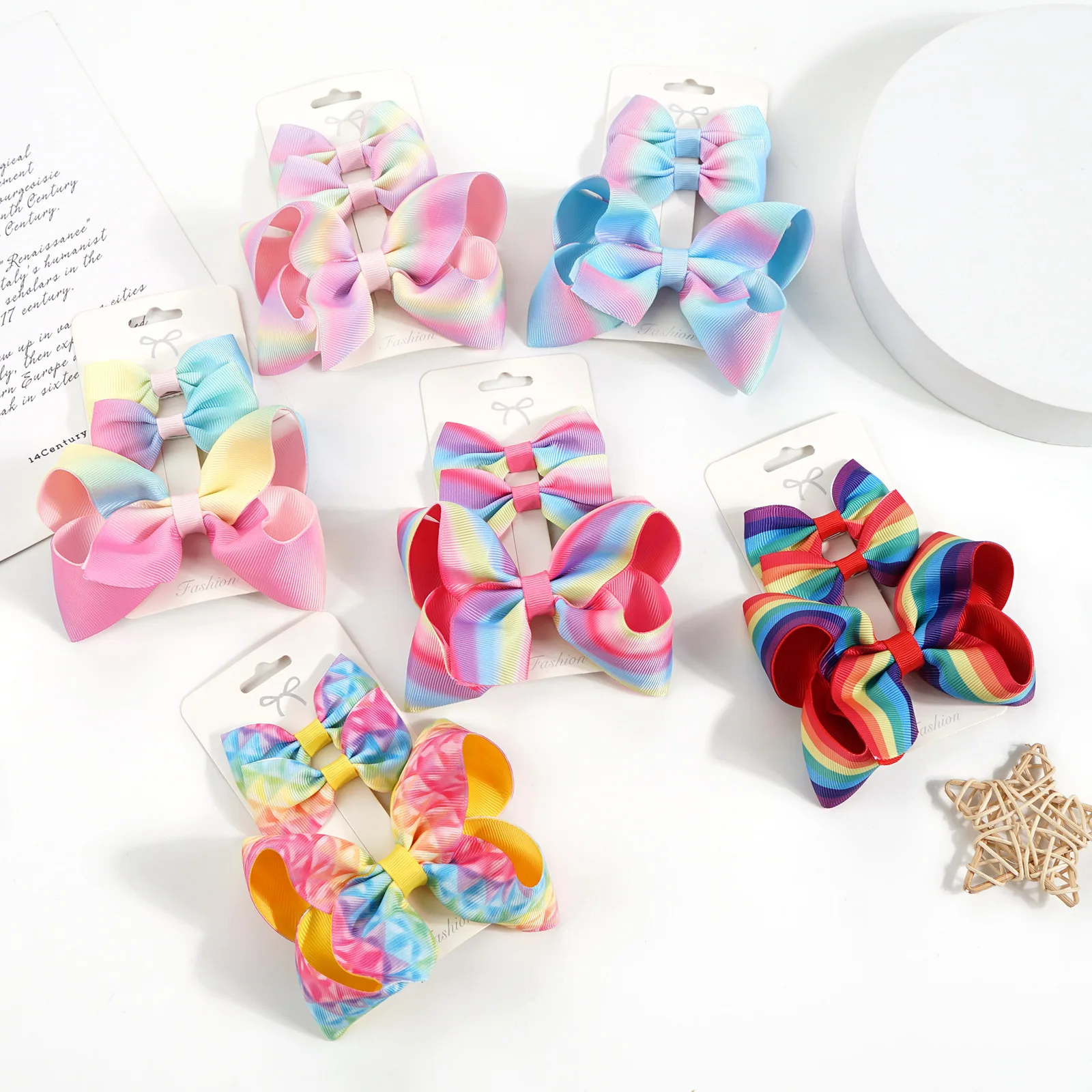 

10Sets 3in1 4" Gradient Rainbow Color Striped Bow Hairpins Unicorn/Mermaid Scales Print Bubble Flower Bowknot Barrettes Headwear