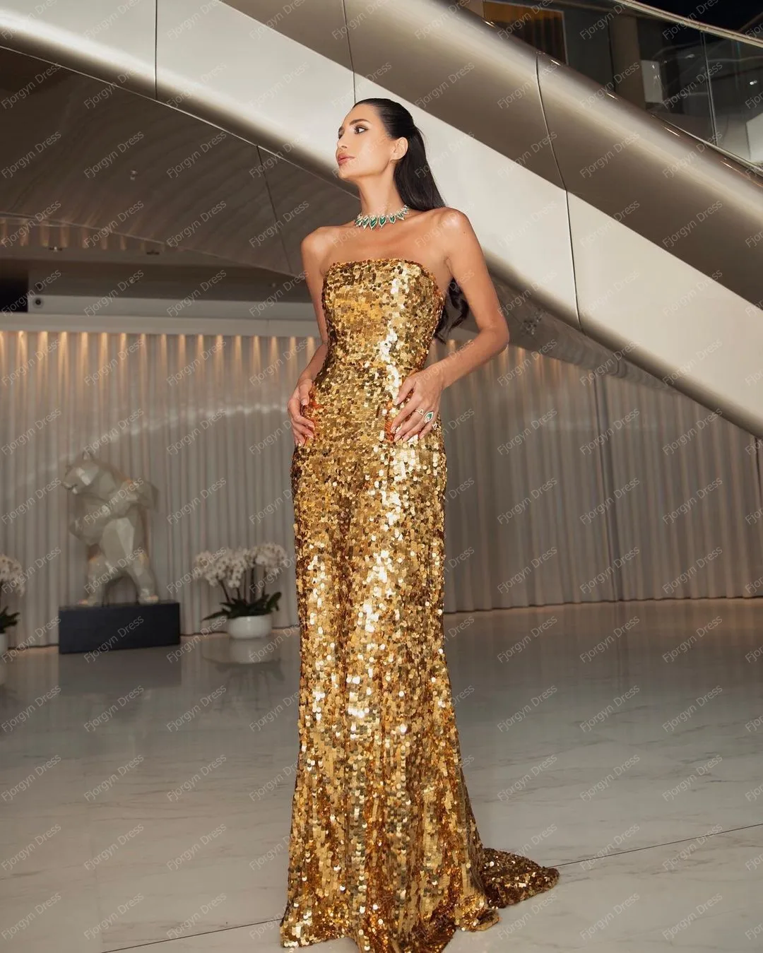 Sparkling Gold Sequin Evening Dresses Strapless With Train Mermaid Prom Dressing Gowns For Wedding Guest Long Party Dress