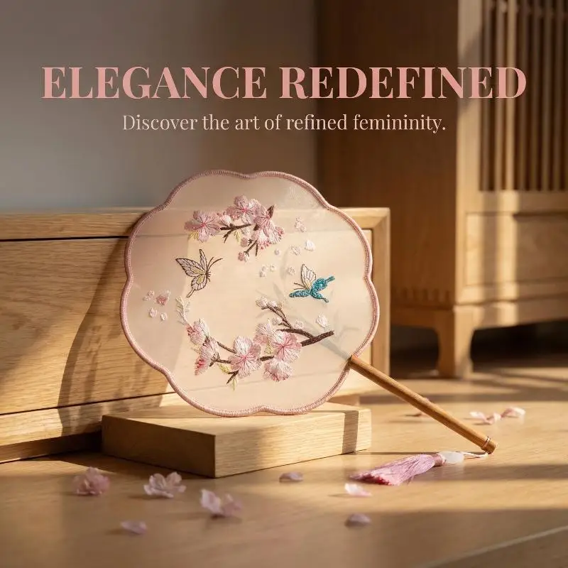 

Vintage Chinese Silk Round Fan – Exquisite Flower Embroidery, Traditional Art Craft for Hanfu, Dance Performance&Party Accessory