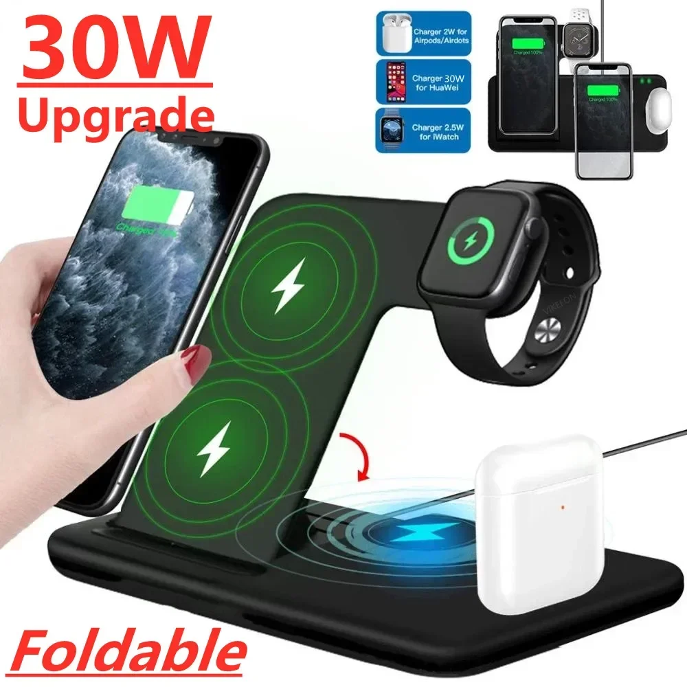 Foldable 30W Fast Wireless Charger Stand For iPhone 14 13 11 12 X 8 Apple Watch 8 7 Airpods 3 Pro iWatch 4 in 1 Charging Station