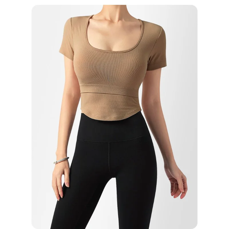 

Женский укороченный топ с квадратным вырезом, ребристой текстурой, короткими рукавами, облегающий, повседневный, для йоги и фитнеса