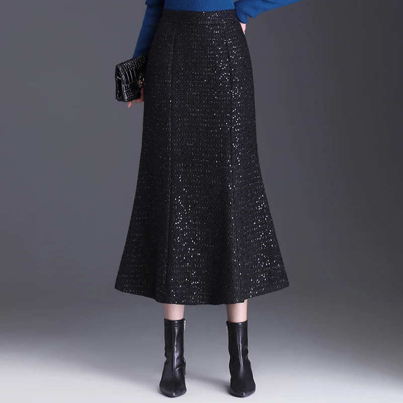 

ZUZK осень-зима универсальная черная длинная юбка-русалка с высокой талией и оборками черная юбка-русалка тонкая женская