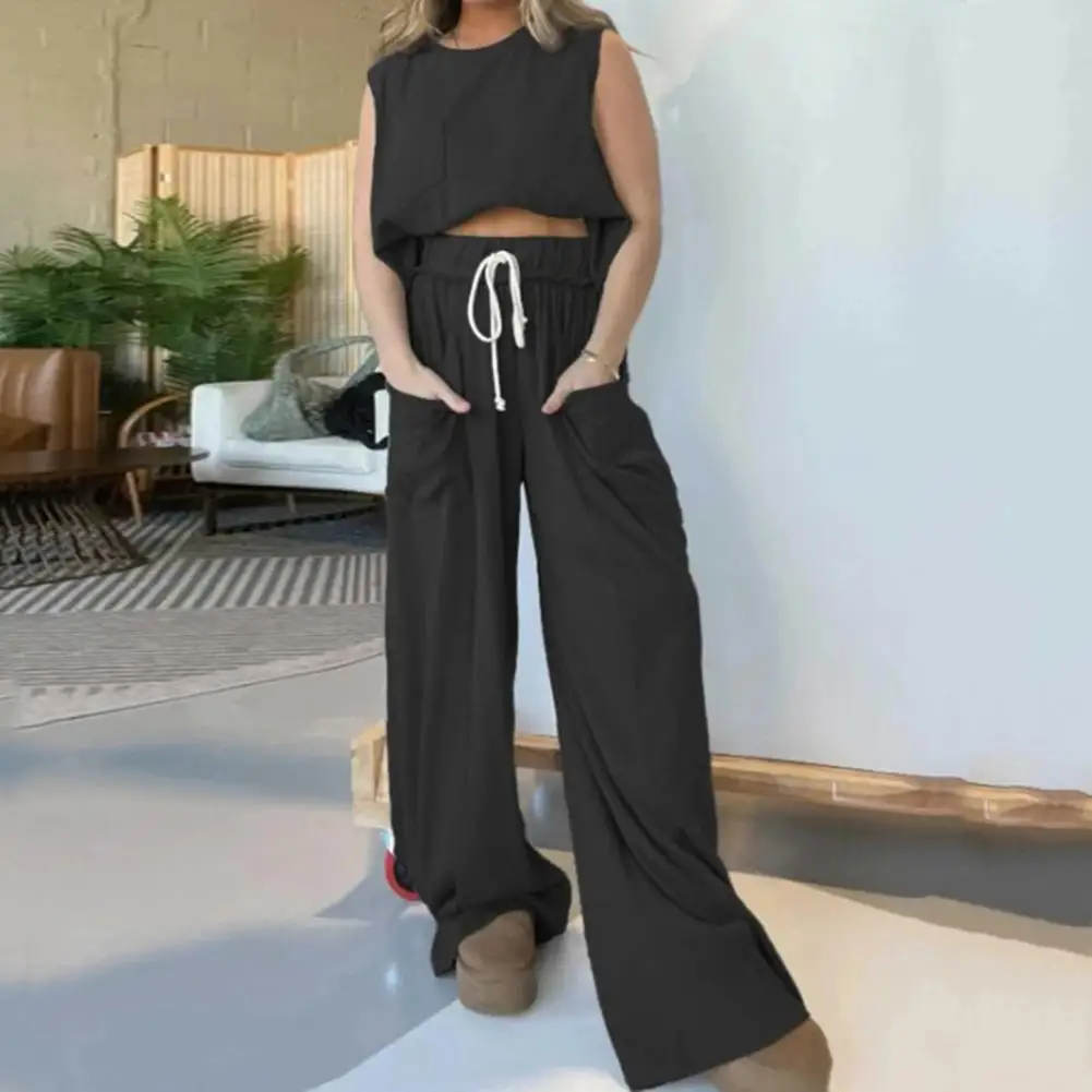 Women Two-piece Suit Round Neck Sleeveless T-shirt Full Length Wide Leg Pants Matching Set Summer Outfit Casual LadyTracksuit